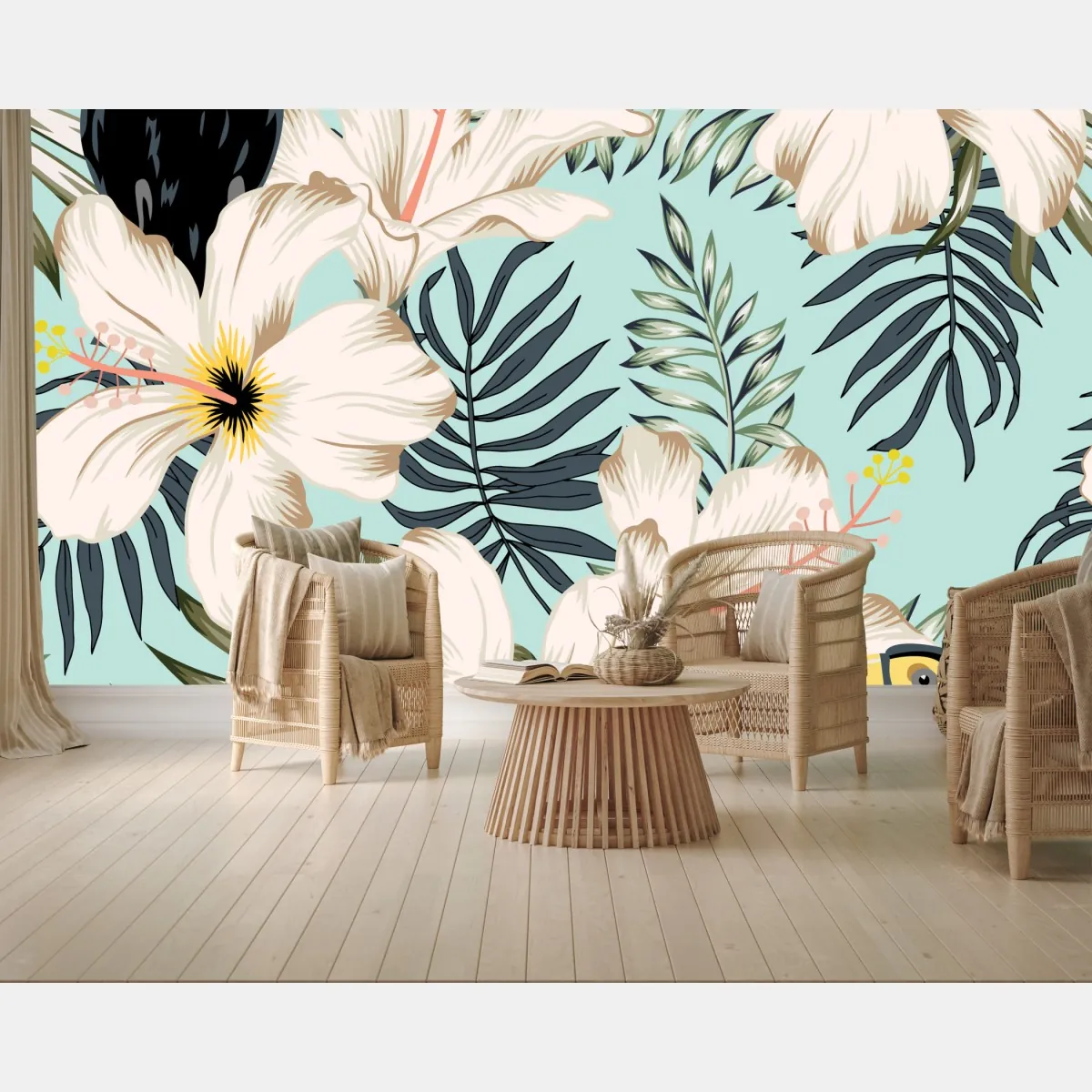 Fototapete tropisches muster mit tukan und blumen – Wallnifity®