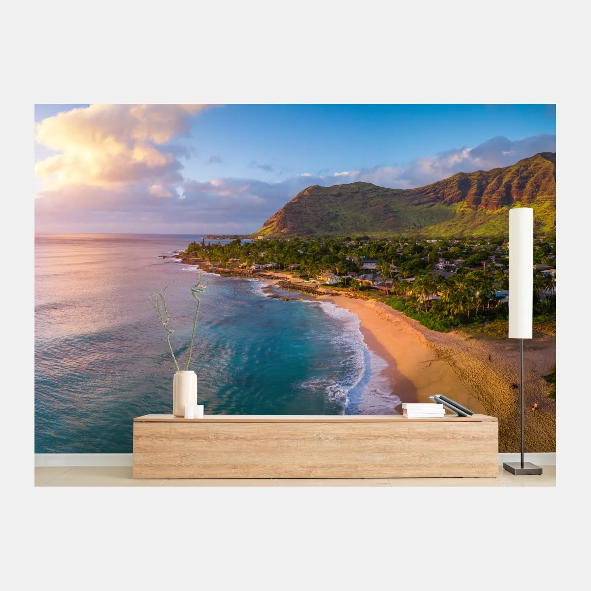 Fototapete sonnenuntergang am strand panorama mit tropischen bergen – Wallnifity®