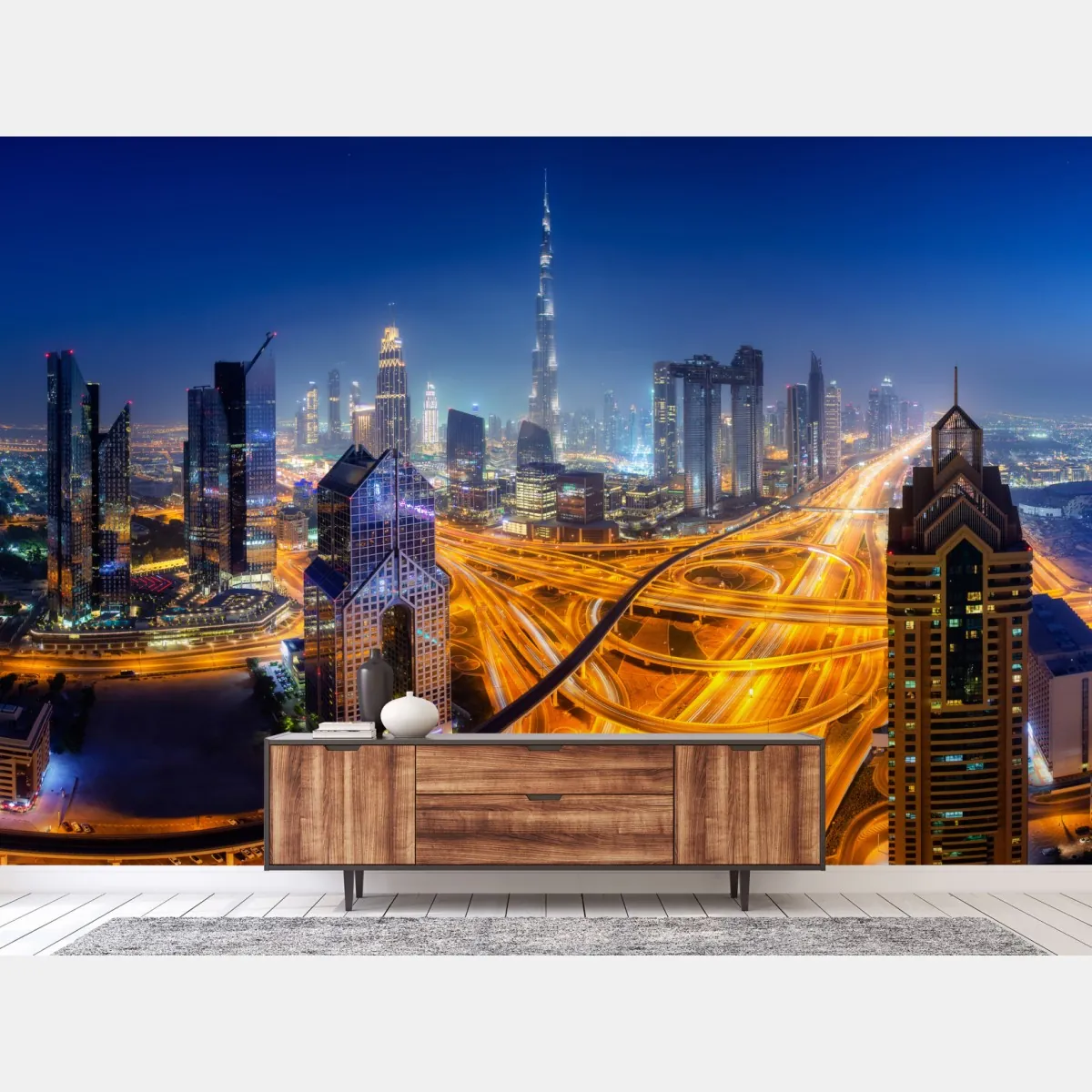 Fototapete panorama der nächtlichen skyline von Dubai – Wallnifity®