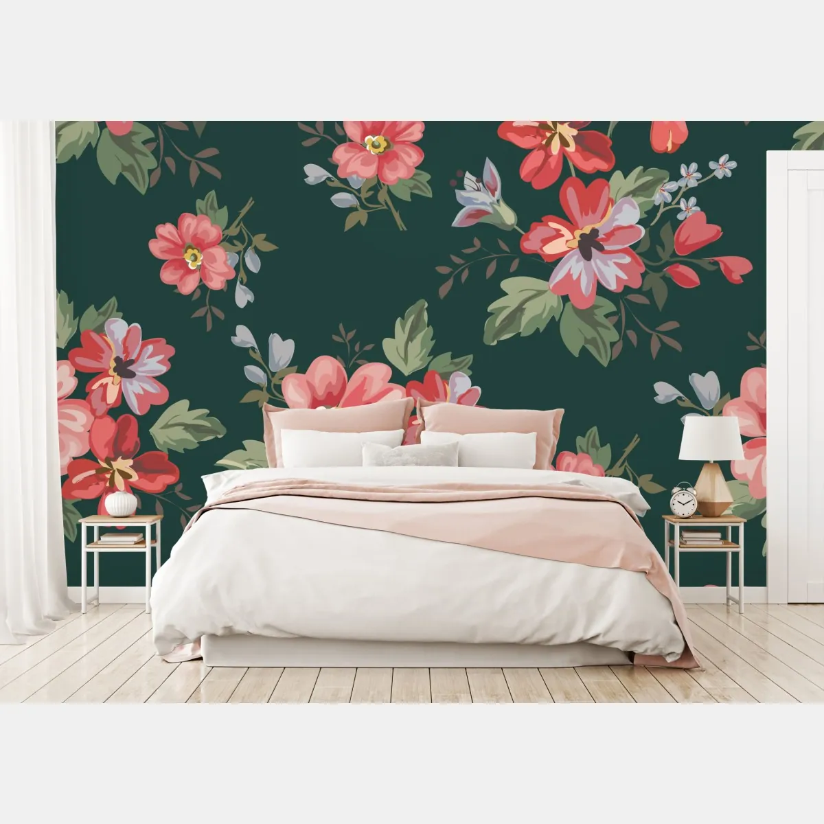 Fototapete vintage rosa blumenmuster auf tiefgrün – Wallnifity®
