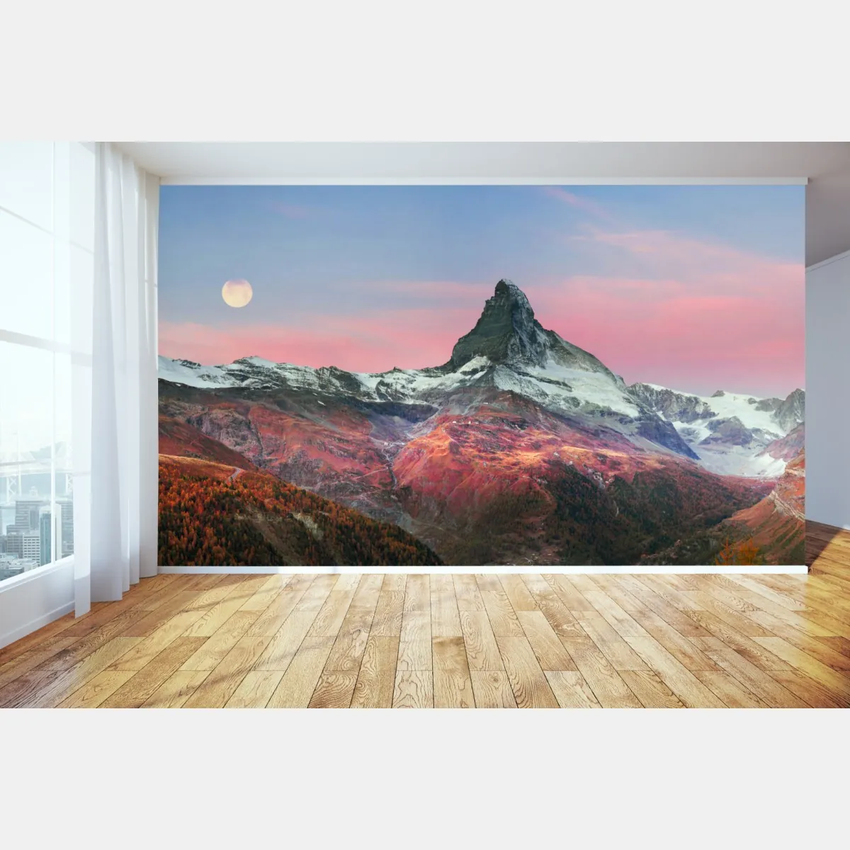 Fototapete herbstliche panoramaaufnahme des Matterhorns bei sonnenuntergang – Wallnifity®