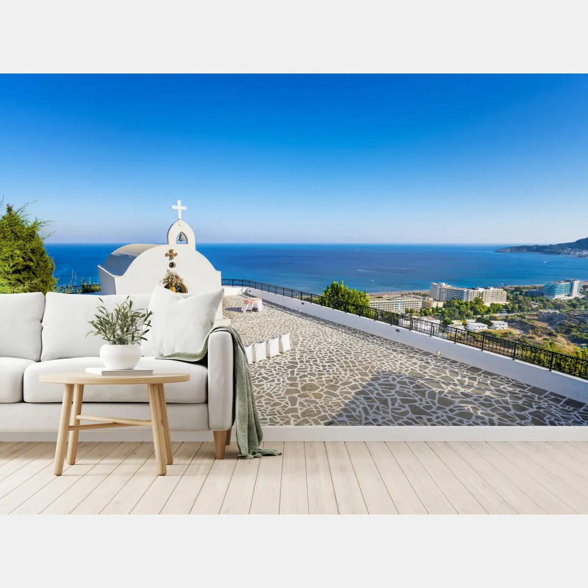 Fototapete weiße kapelle mit meerblick in Faliraki – Wallnifity®