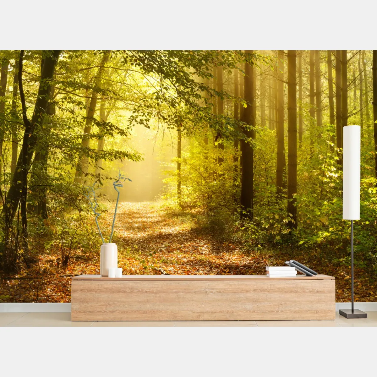 Fototapete sonnenbeschienener waldweg im herbst – Wallnifity®