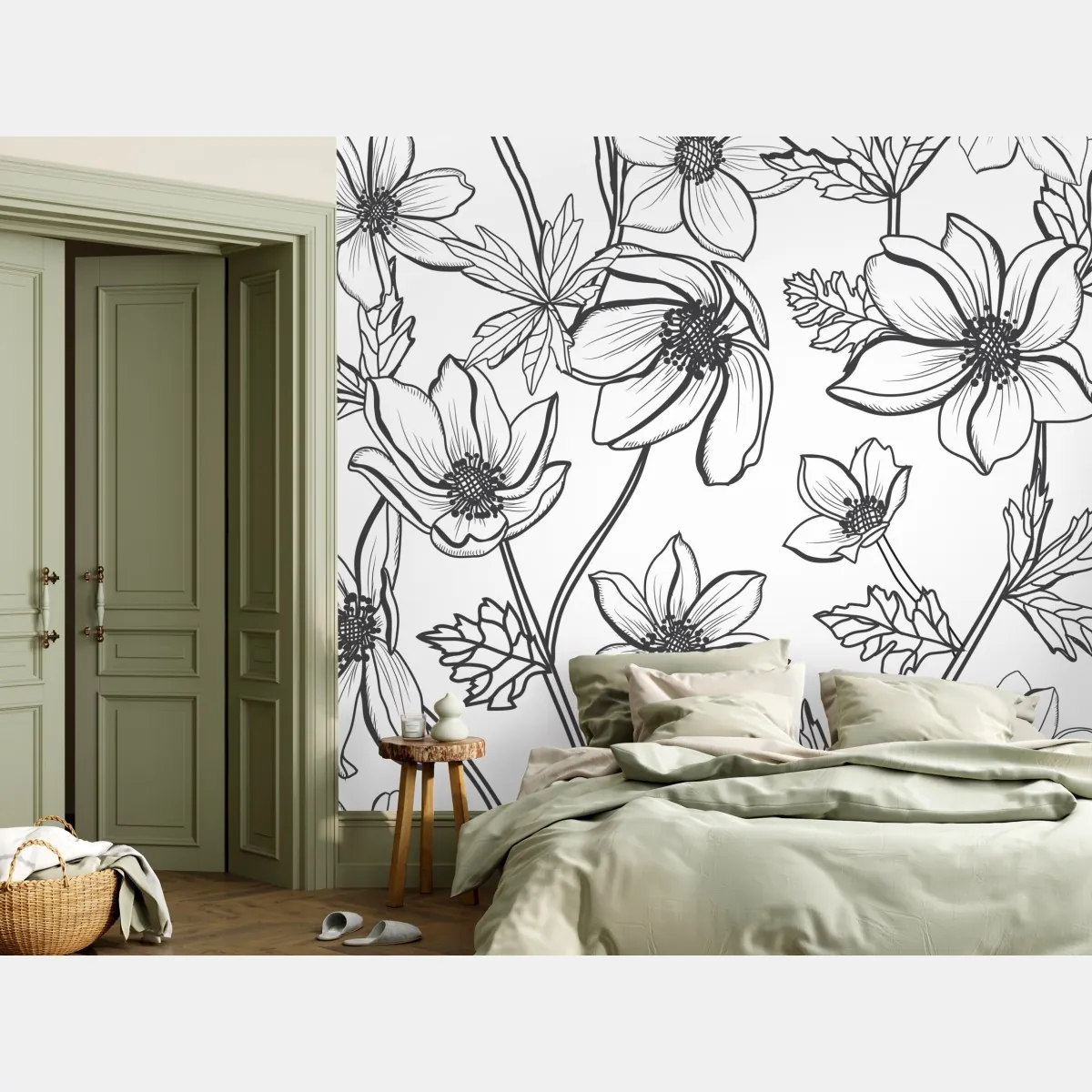 Fototapete botanische linienzeichnung mit blumen – Wallnifity®