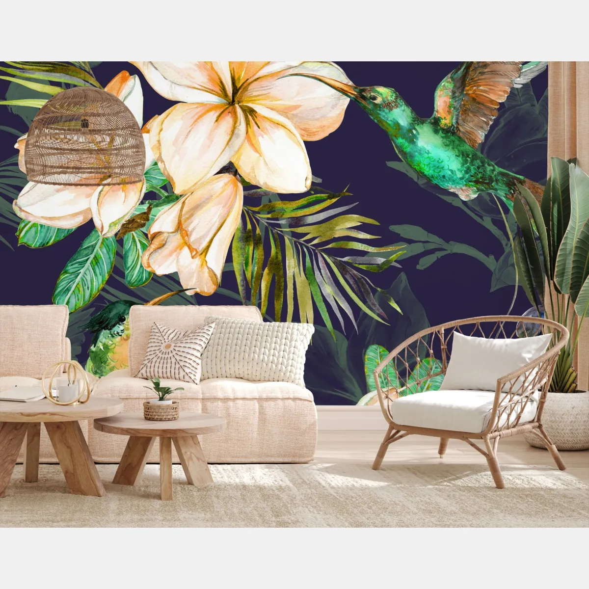 Fototapete tropische kolibris und plumeria in aquarell – Wallnifity®