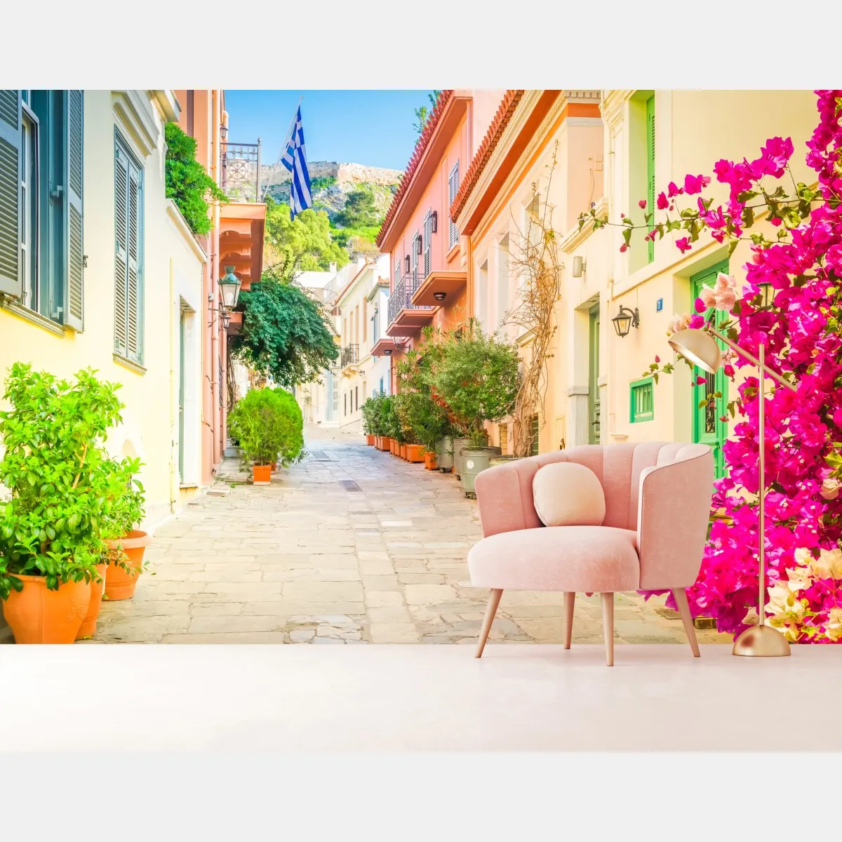 Fototapete sonnige griechische gasse mit bougainvillea – Wallnifity®