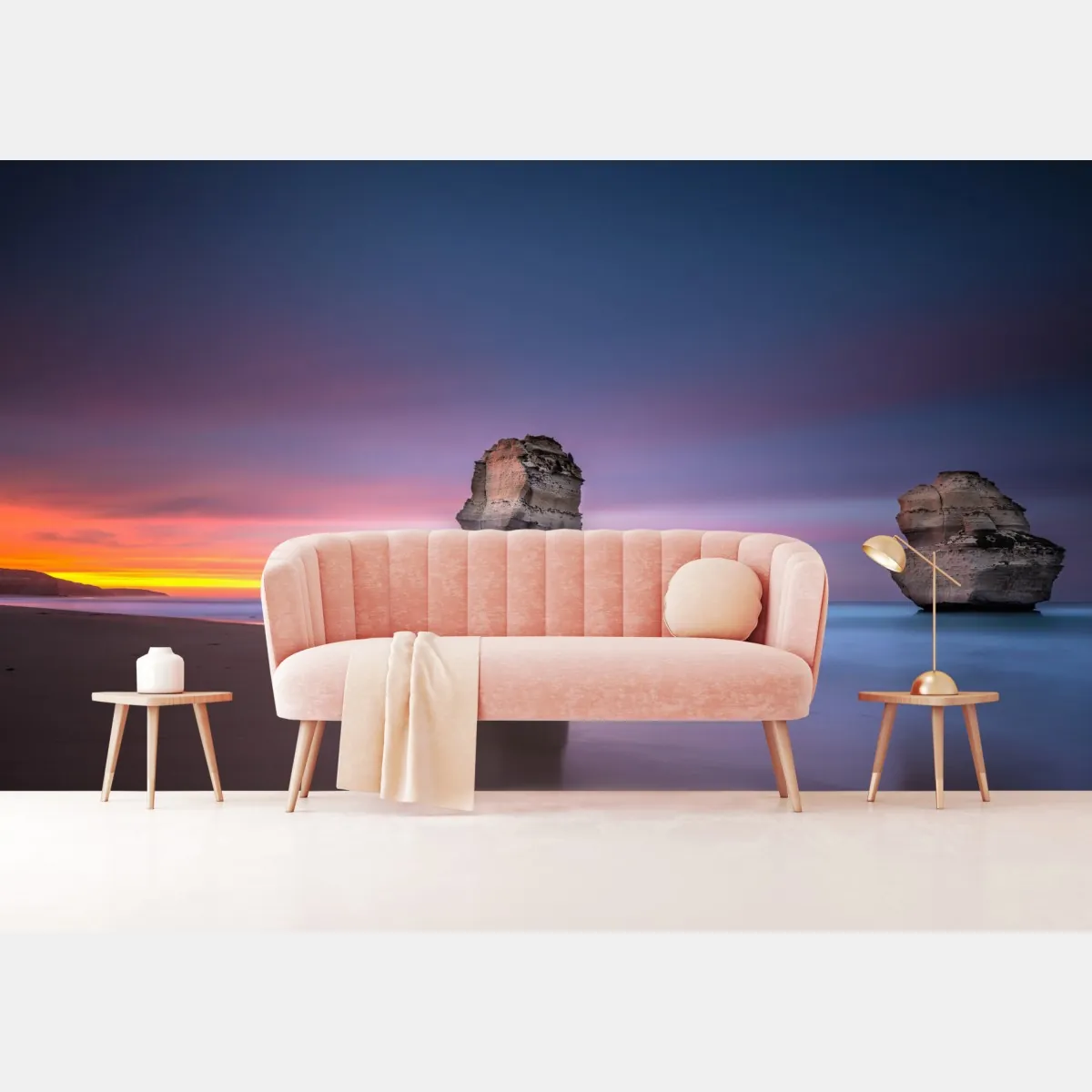 Fototapete ruhige küstenlandschaft mit felsformationen bei sonnenuntergang – Wallnifity®