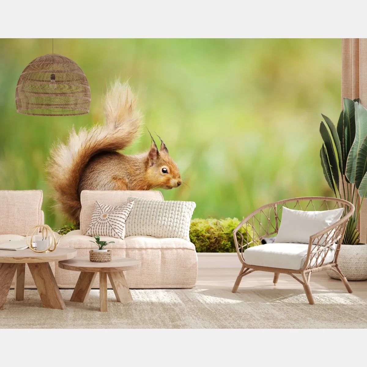Fototapete rotes eichhörnchen auf moosigem stamm – Wallnifity®