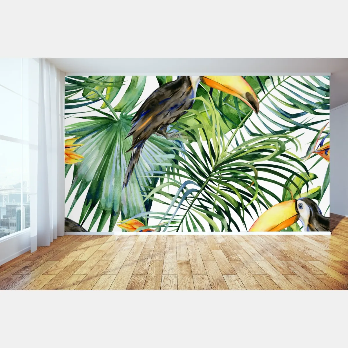 Fototapete aquarell tukan im tropischen muster – Wallnifity®