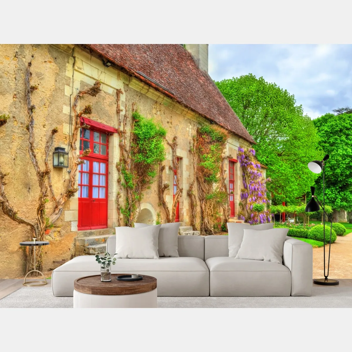 Fototapete reizendes landhaus mit blühender glyzinie – Wallnifity®