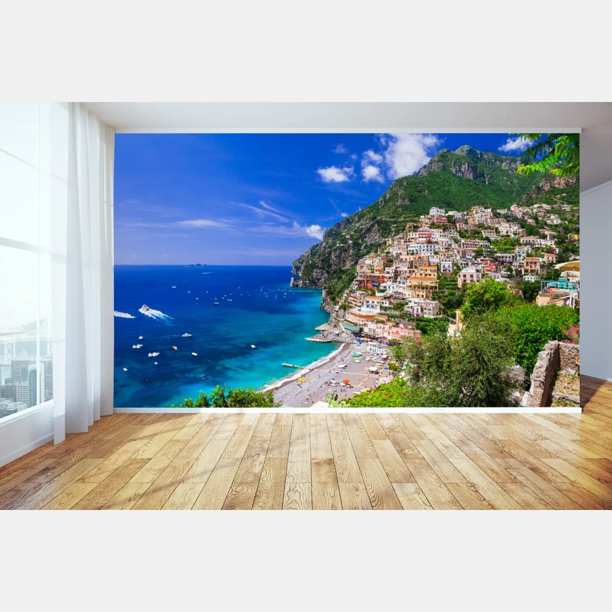 Fototapete sonnige panoramaaufnahme von Positano an der Amalfiküste – Wallnifity®