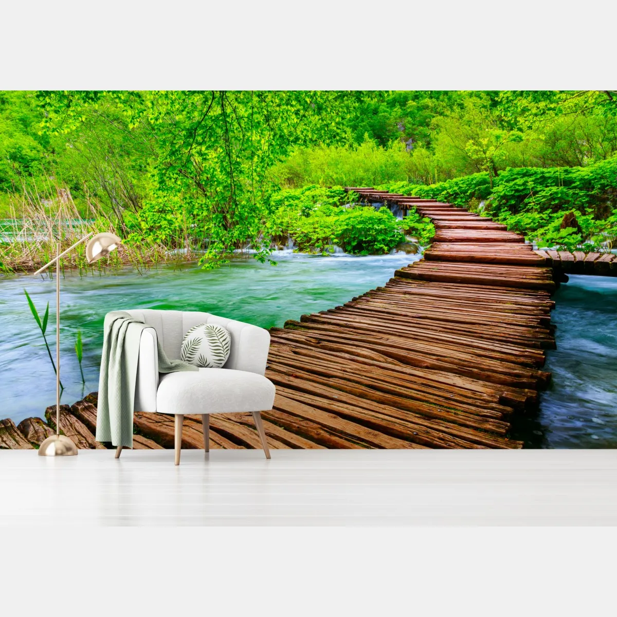 Fototapete ruhiger grüner steg über dem fluss – Wallnifity®
