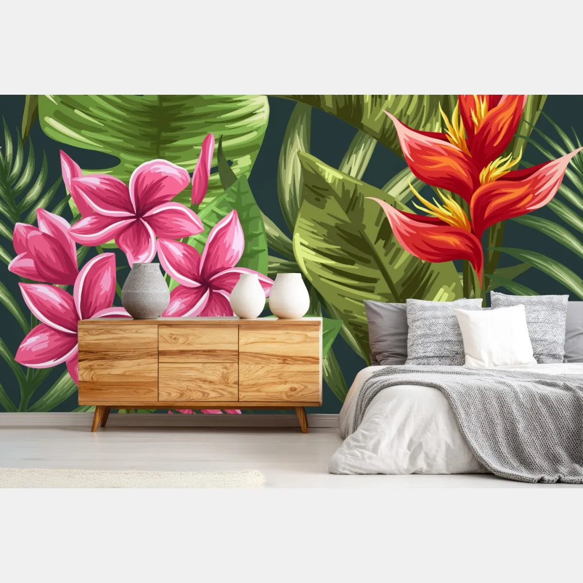 Fototapete tropisches hibiskus- und plumeria-blumenmuster – Wallnifity®