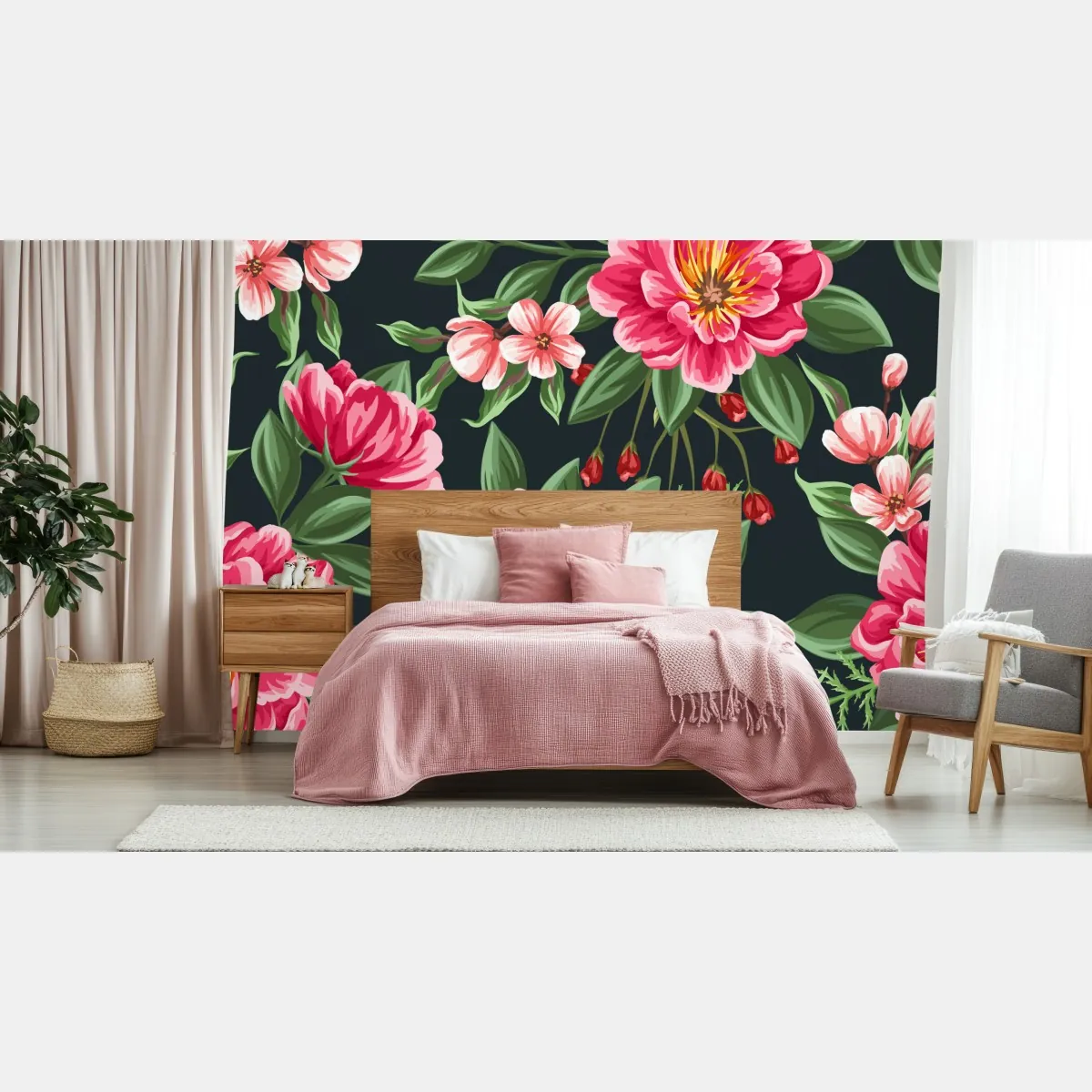 Fototapete rosa aquarell blumenmuster auf dunklem hintergrund – Wallnifity®