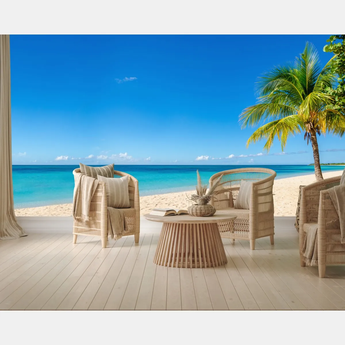 Fototapete tropischer strand mit türkiswasser und palme – Wallnifity®