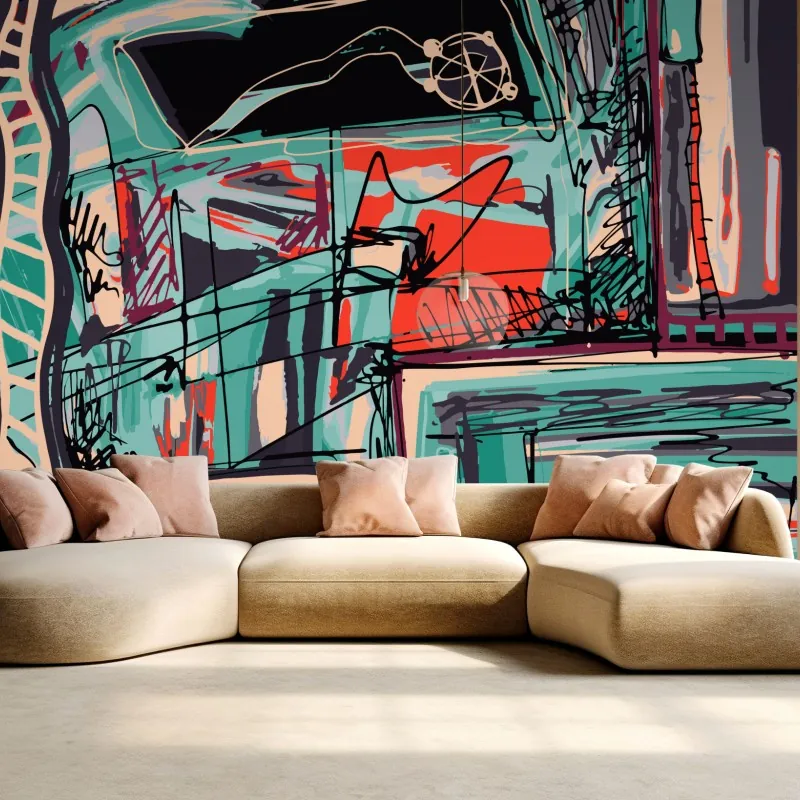 Fototapete türkis-korall abstrakte komposition – Wallnifity®