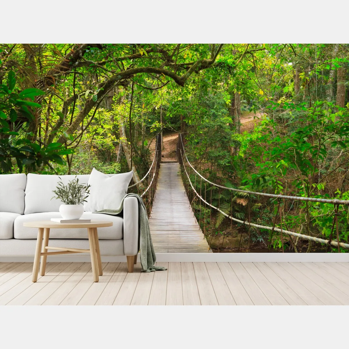 Fototapete hängende holzbrücke im grünen wald – Wallnifity®
