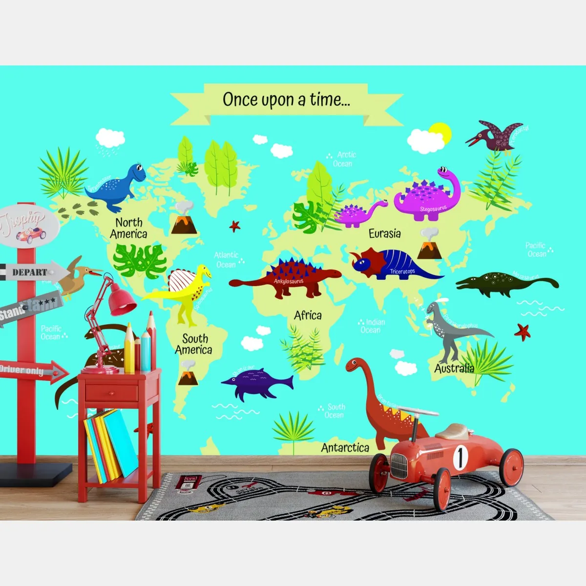 Fototapete bunte weltkarte mit dinosauriern – Wallnifity®