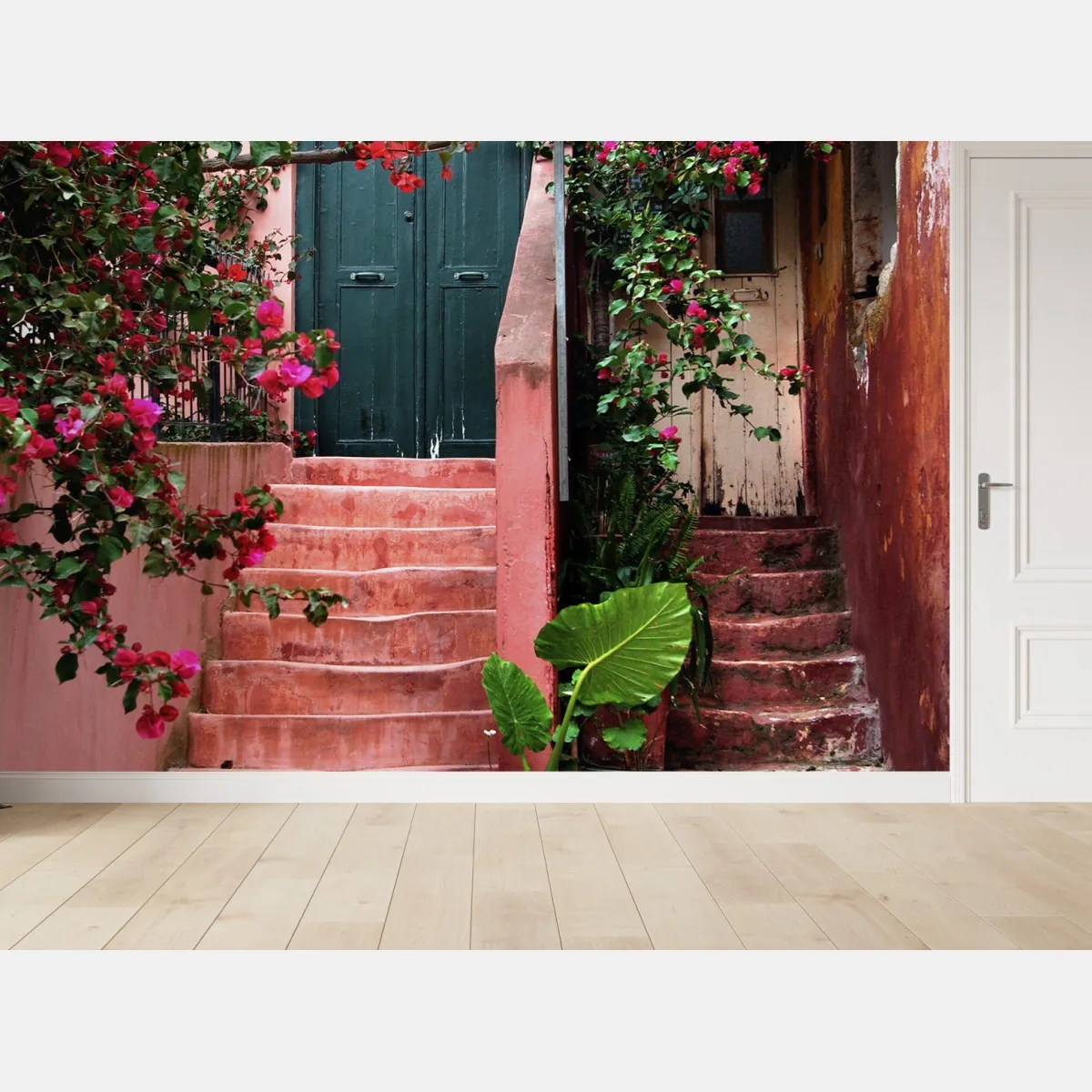Fototapete treppe mit bougainvillea und grünen pflanzen – Wallnifity®