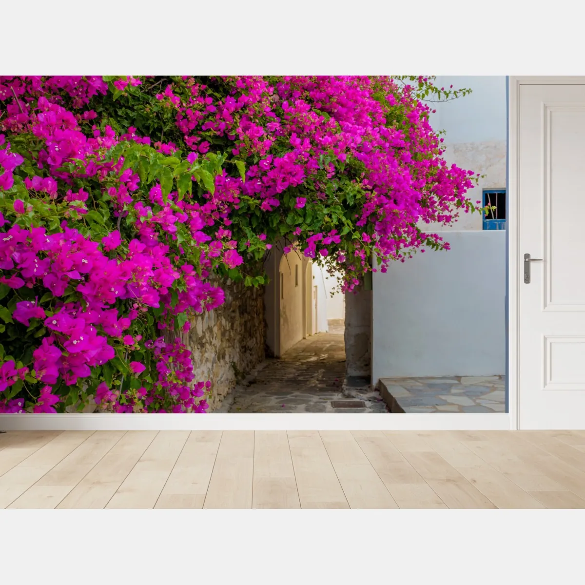 Fototapete blühende bougainvillea in Naousa gasse – Wallnifity®
