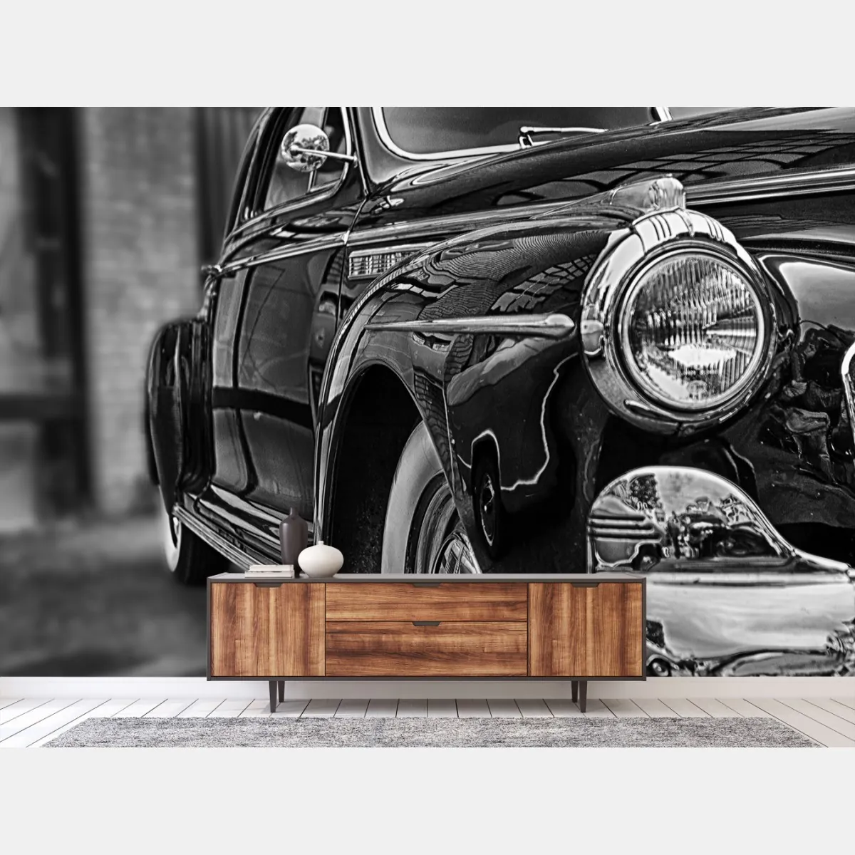 Fototapete vintage klassisches auto auf kopfsteinpflaster – Wallnifity®