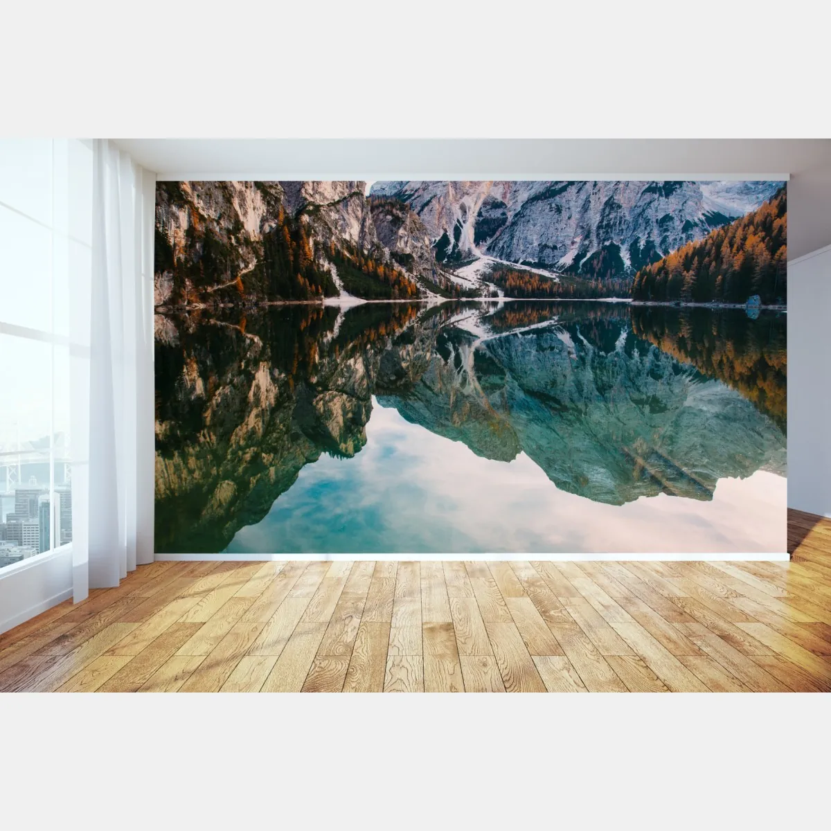 Fototapete ruhiger alpensee mit hölzernem steg – Wallnifity®