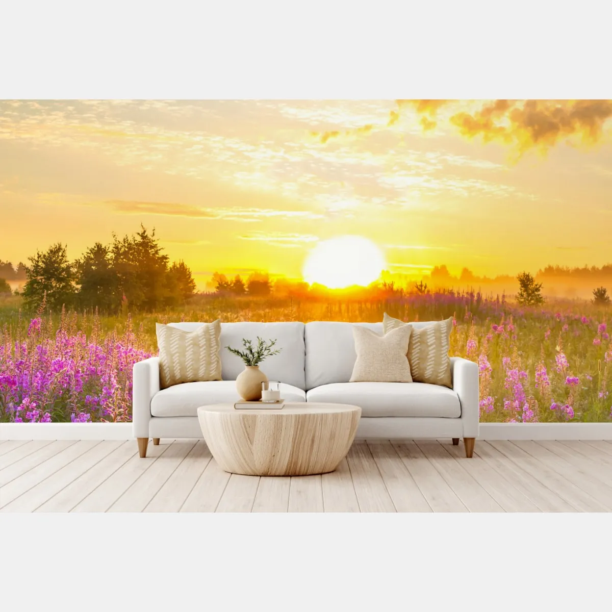 Fototapete sonnenaufgang über violetter wildblumenwiese – Wallnifity®