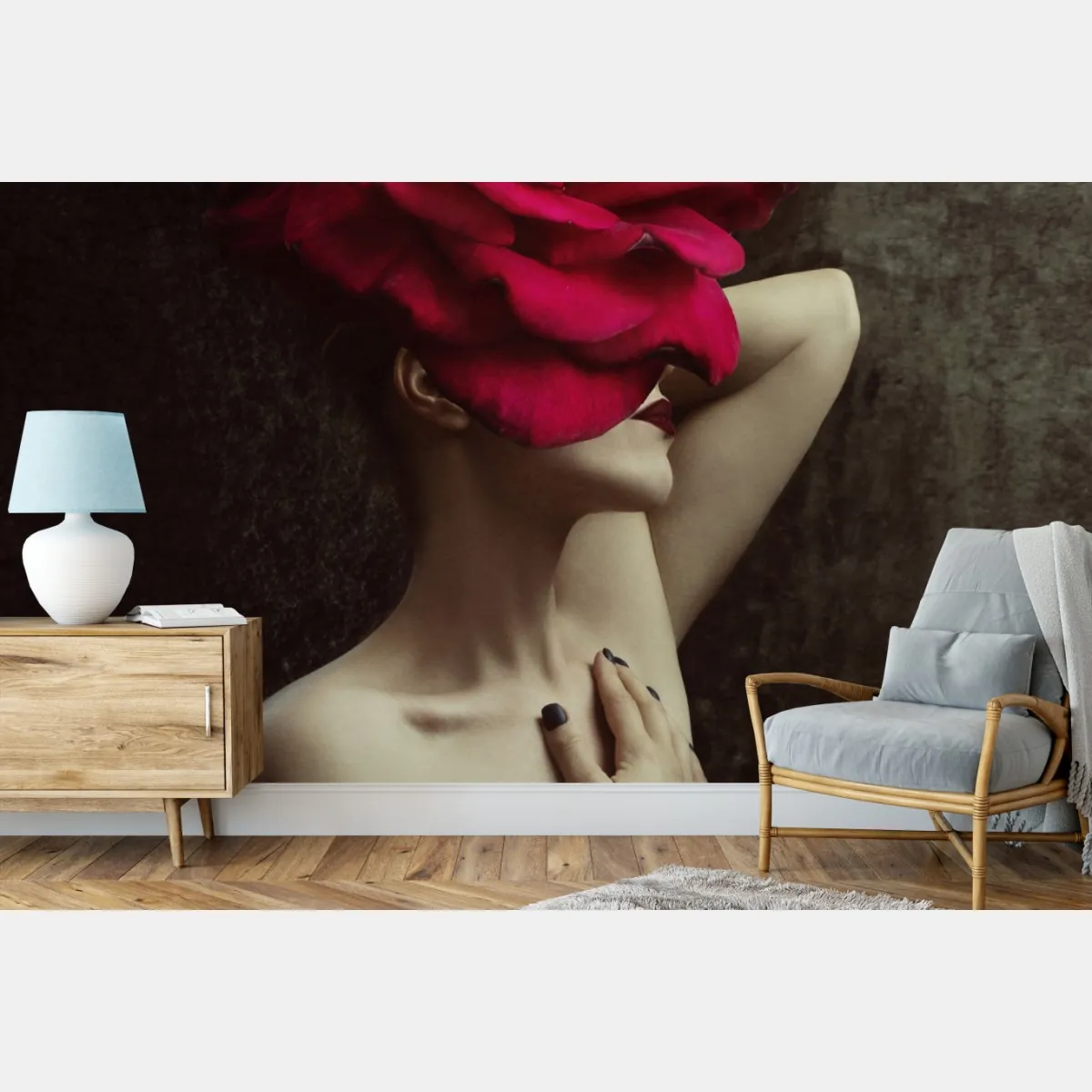 Fototapete frau mit rosenkopf surreales blumenporträt – Wallnifity®