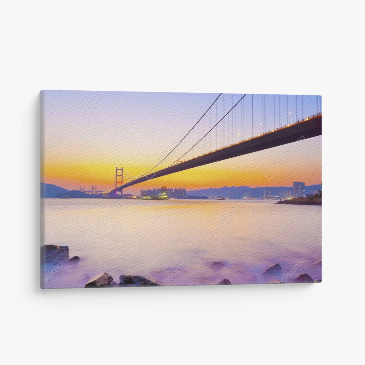 Leinwandbild goldener sonnenuntergang über hängebrücke – Wallnifity® Leinwandbild goldener sonnenuntergang über hängebrücke – Wallnifity®