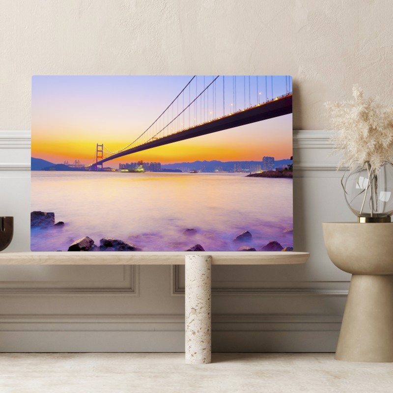 Leinwandbild goldener sonnenuntergang über hängebrücke – Wallnifity® Leinwandbild goldener sonnenuntergang über hängebrücke – Wallnifity®
