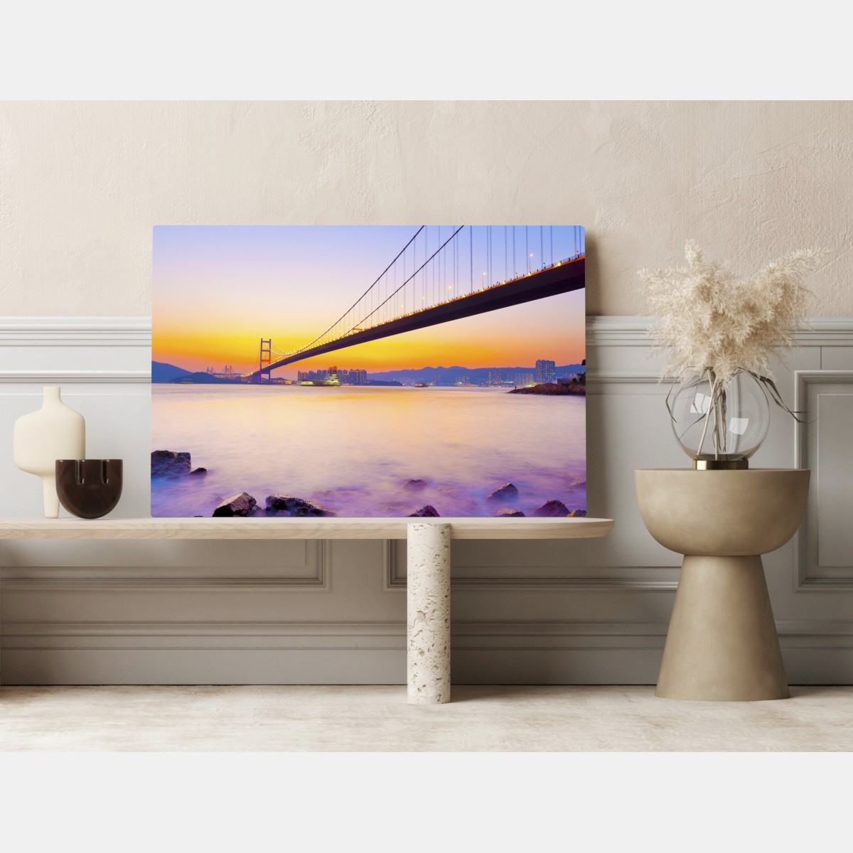 Leinwandbild goldener sonnenuntergang über hängebrücke – Wallnifity® Leinwandbild goldener sonnenuntergang über hängebrücke – Wallnifity®