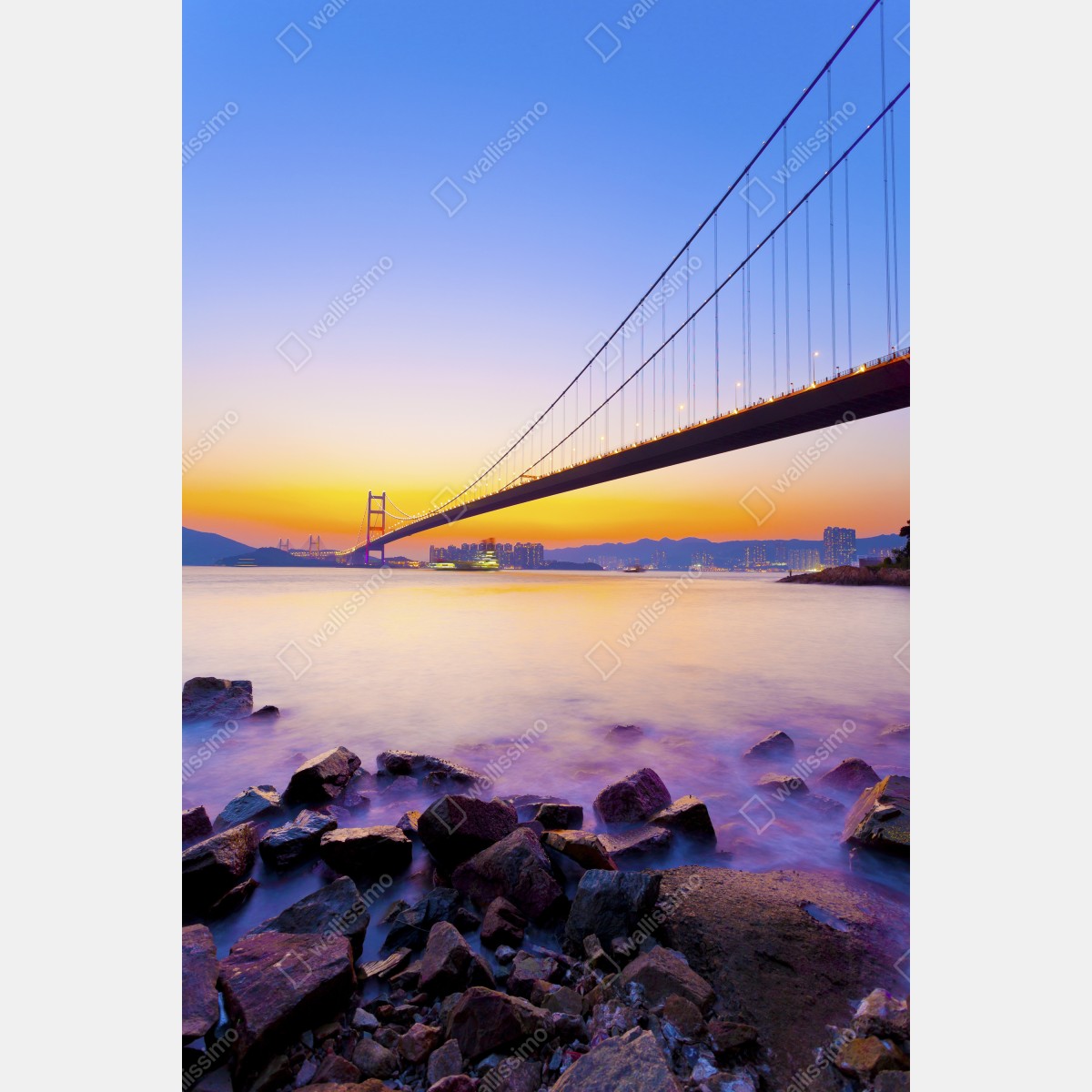 Leinwandbild goldener sonnenuntergang über hängebrücke – Wallnifity® Leinwandbild goldener sonnenuntergang über hängebrücke – Wallnifity®