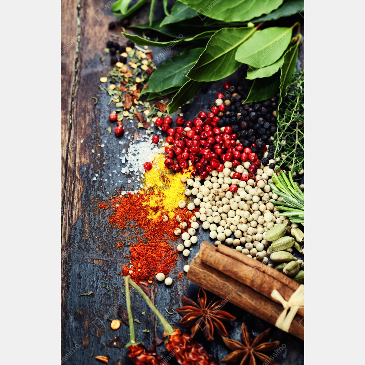 Leinwandbild buntes gewürzsortiment auf rustikalem holz – Wallnifity® Leinwandbild buntes gewürzsortiment auf rustikalem holz – Wallnifity®