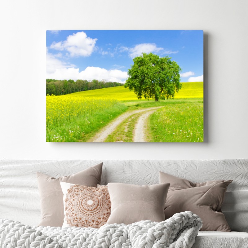 Leinwandbild sonniger feldweg mit einsamem baum – Wallnifity® Leinwandbild sonniger feldweg mit einsamem baum – Wallnifity®