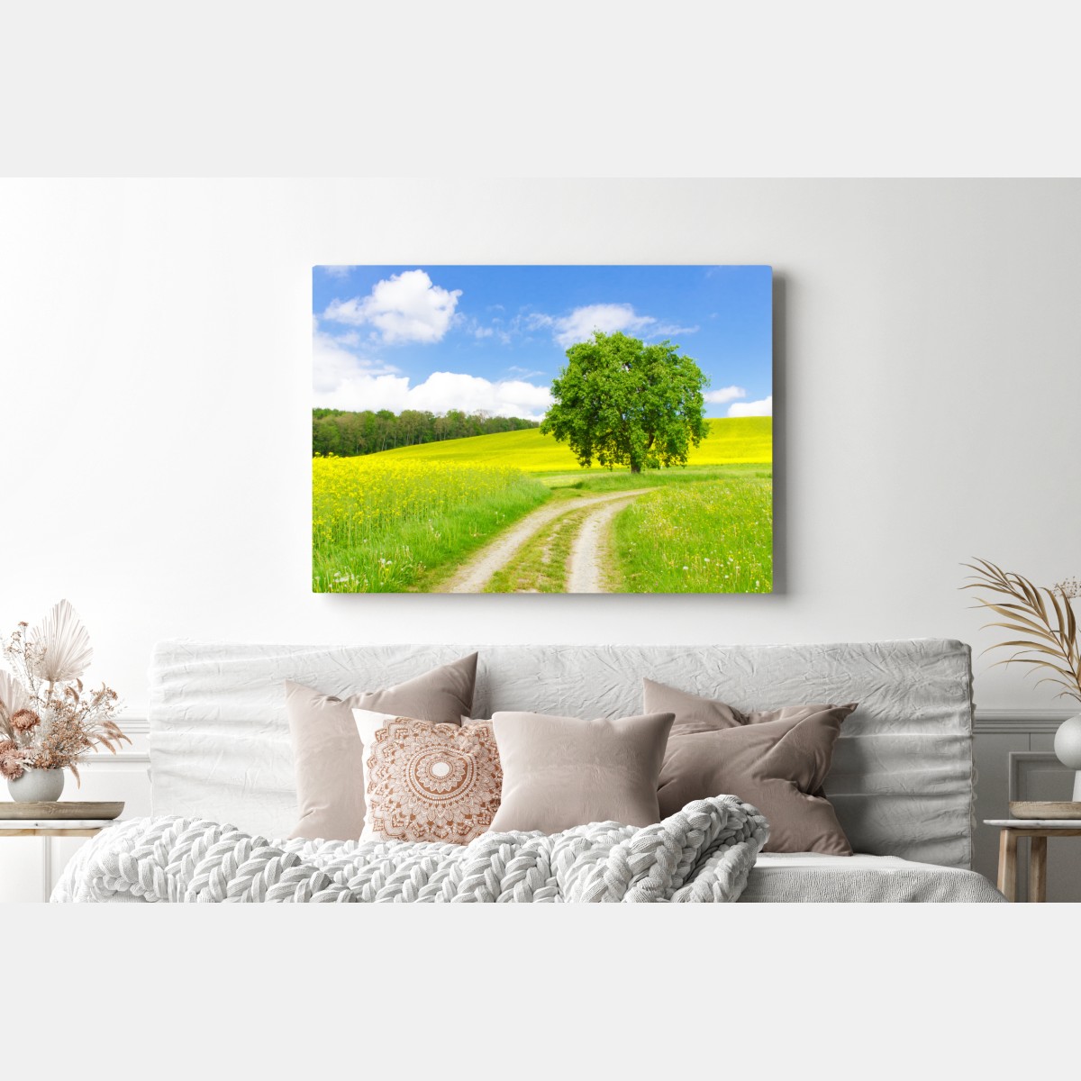 Leinwandbild sonniger feldweg mit einsamem baum – Wallnifity® Leinwandbild sonniger feldweg mit einsamem baum – Wallnifity®