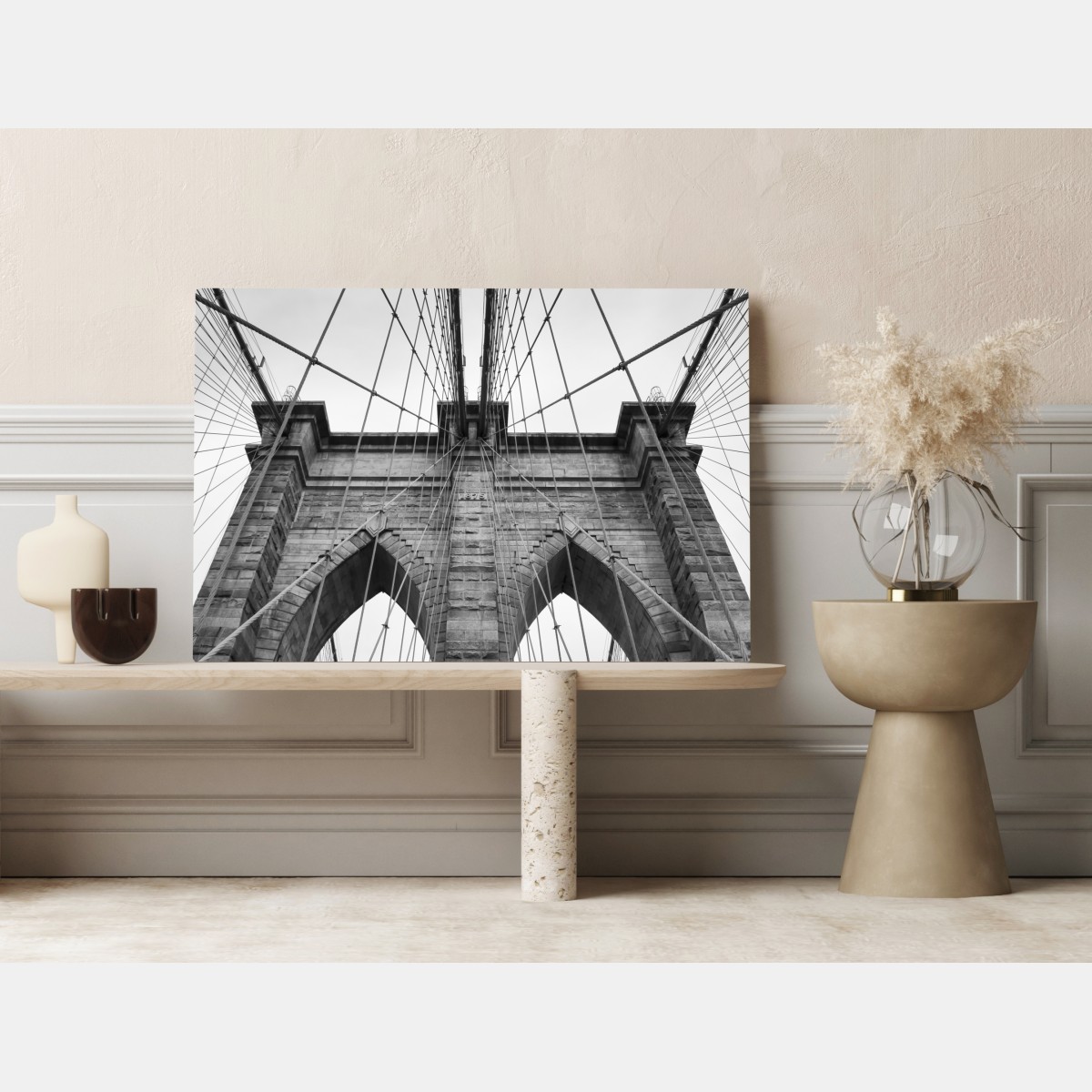 Leinwandbild perspektive der Brooklyn Bridge in monochrom – Wallnifity® Leinwandbild perspektive der Brooklyn Bridge in monochrom – Wallnifity®