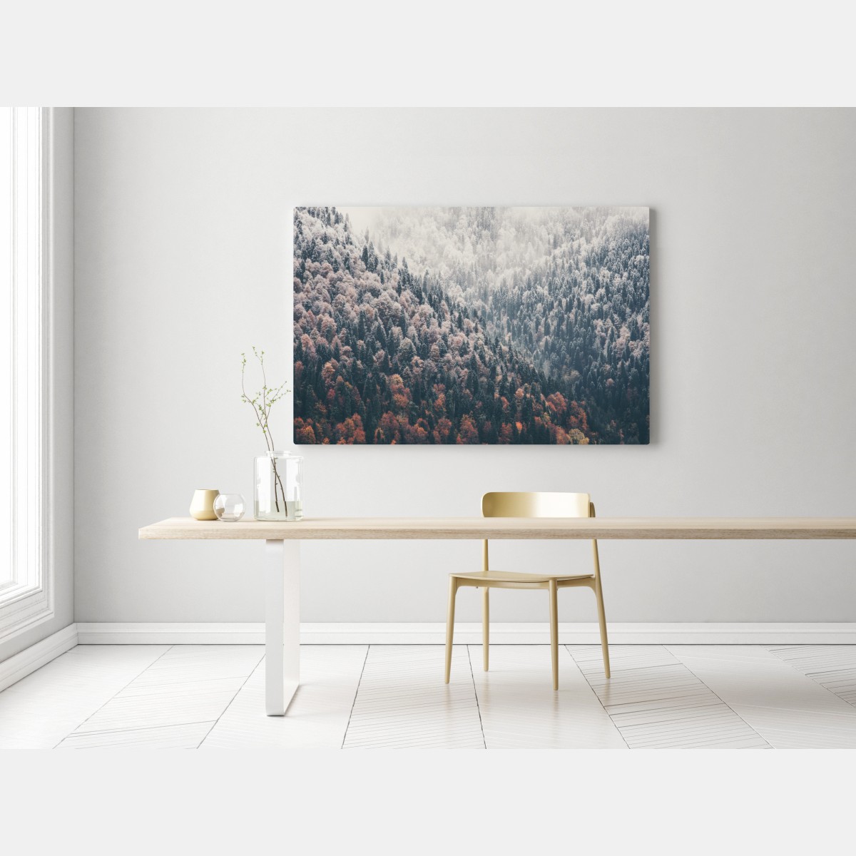 Leinwandbild herbstlicher nebel über bergwald – Wallnifity® Leinwandbild herbstlicher nebel über bergwald – Wallnifity®