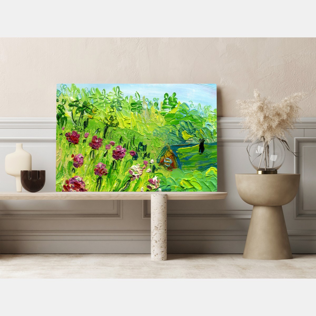 Leinwandbild pfingstrosenwiese im frühling — impasto blumenbild – Wallnifity® Leinwandbild pfingstrosenwiese im frühling — impasto blumenbild – Wallnifity®