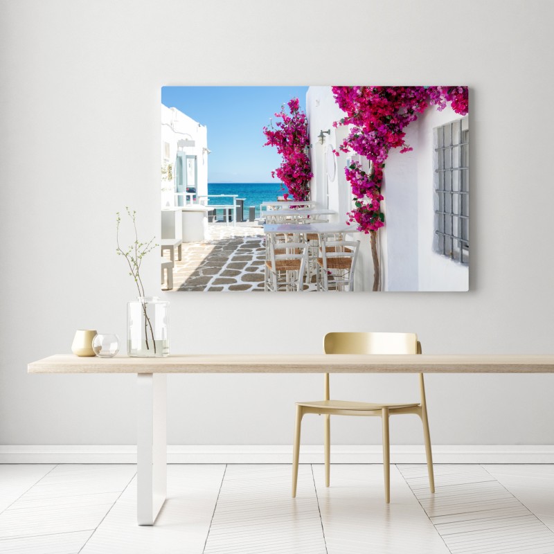 Leinwandbild sonnige mediterrane gasse mit bougainvillea – Wallnifity® Leinwandbild sonnige mediterrane gasse mit bougainvillea – Wallnifity®