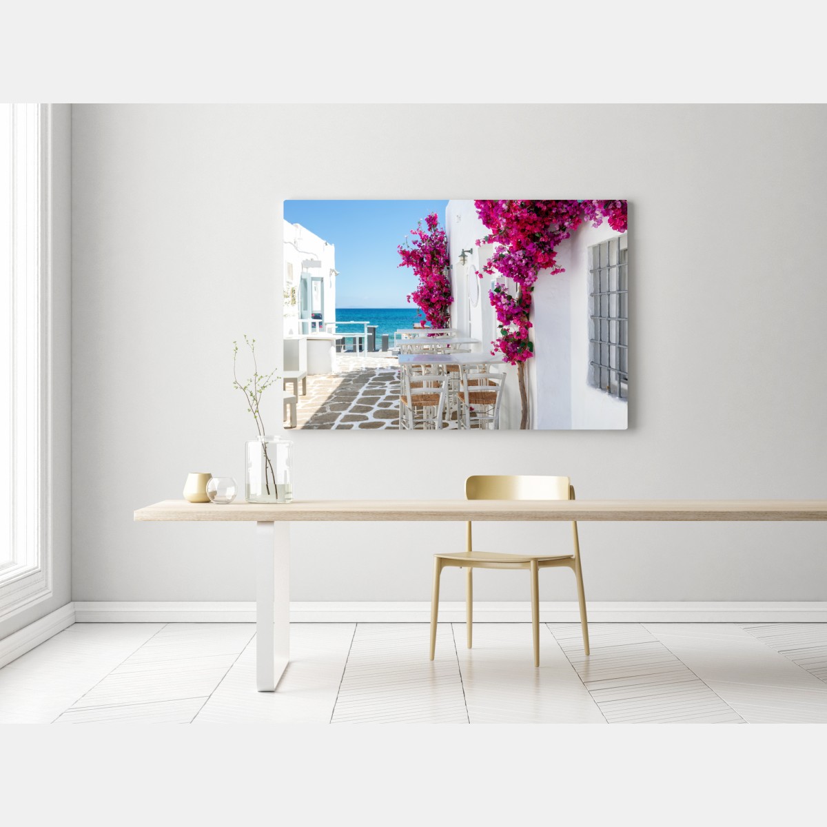 Leinwandbild sonnige mediterrane gasse mit bougainvillea – Wallnifity® Leinwandbild sonnige mediterrane gasse mit bougainvillea – Wallnifity®