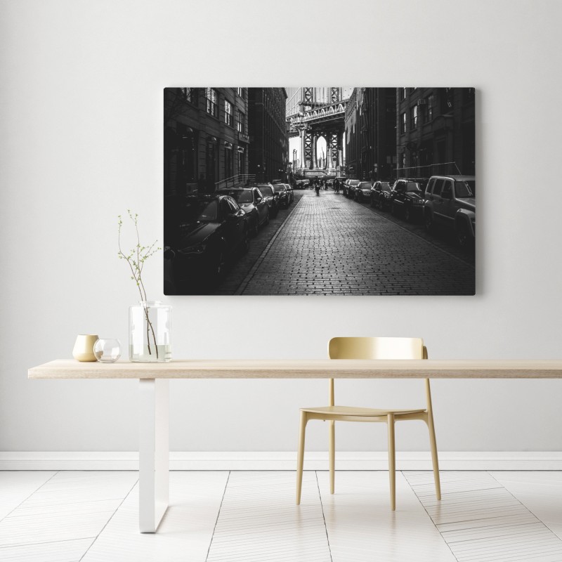 Leinwandbild Manhattan Bridge im rahmen einer gepflasterten straße – Wallnifity® Leinwandbild Manhattan Bridge im rahmen einer gepflasterten straße – Wallnifity®