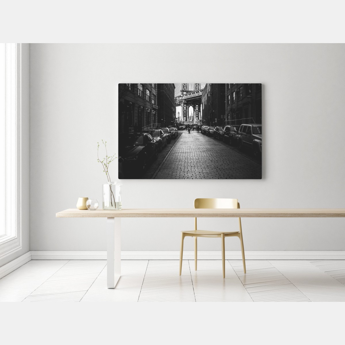 Leinwandbild Manhattan Bridge im rahmen einer gepflasterten straße – Wallnifity® Leinwandbild Manhattan Bridge im rahmen einer gepflasterten straße – Wallnifity®
