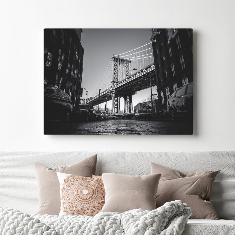 Leinwandbild Manhattan brücke perspektive über kopfsteinpflaster – Wallnifity® Leinwandbild Manhattan brücke perspektive über kopfsteinpflaster – Wallnifity®