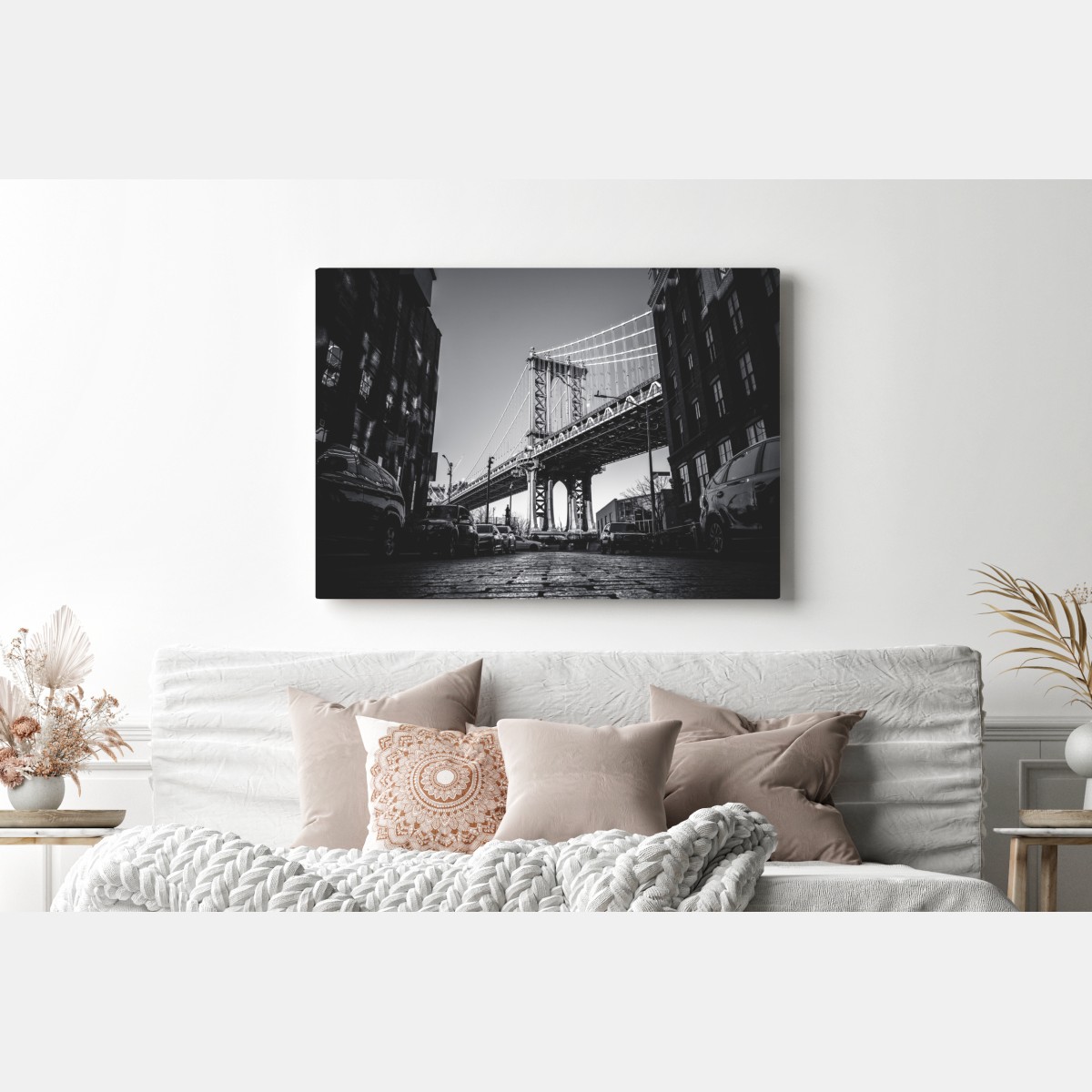 Leinwandbild Manhattan brücke perspektive über kopfsteinpflaster – Wallnifity® Leinwandbild Manhattan brücke perspektive über kopfsteinpflaster – Wallnifity®
