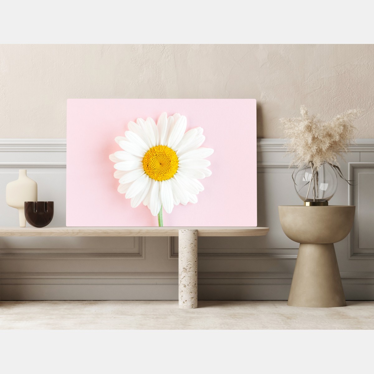 Leinwandbild weißes gänseblümchen auf pastellrosa hintergrund – Wallnifity® Leinwandbild weißes gänseblümchen auf pastellrosa hintergrund – Wallnifity®