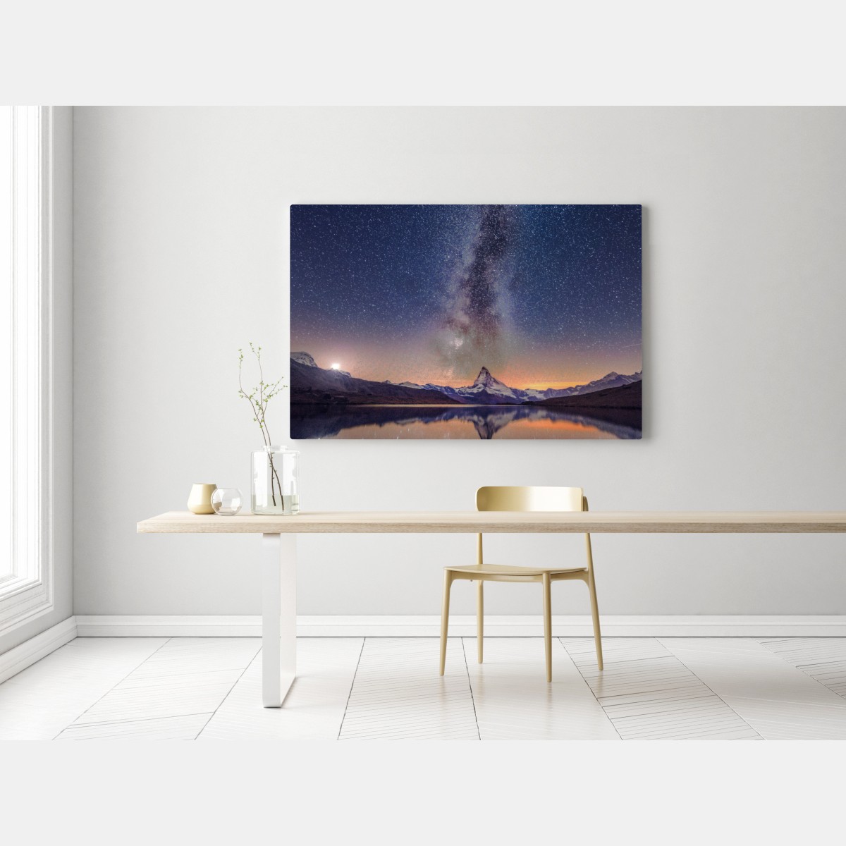 Leinwandbild milchstraße über alpengipfel gespiegelt im see – Wallnifity® Leinwandbild milchstraße über alpengipfel gespiegelt im see – Wallnifity®