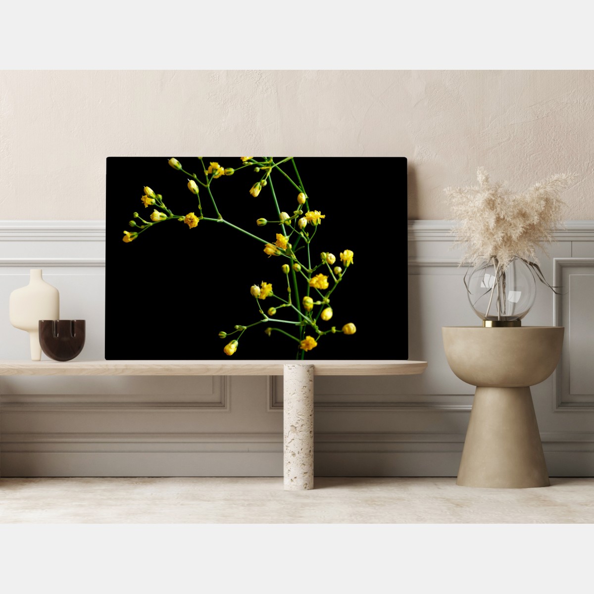 Leinwandbild zartes gelbes schleierkraut auf schwarzem hintergrund – Wallnifity® Leinwandbild zartes gelbes schleierkraut auf schwarzem hintergrund – Wallnifity®