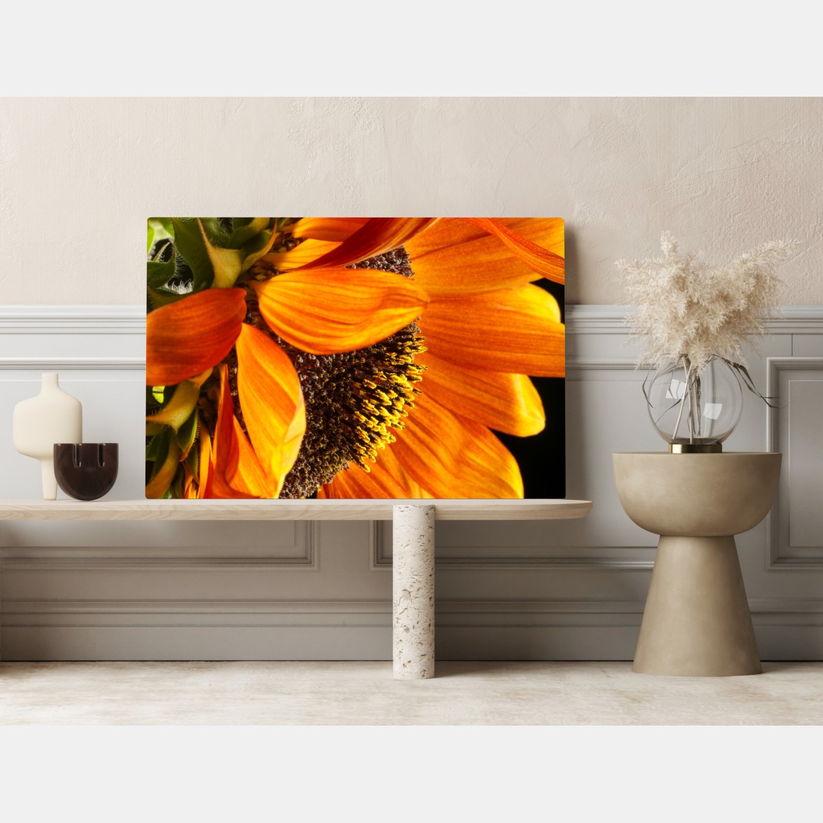 Leinwandbild leuchtende orange sonnenblume nahaufnahme – Wallnifity® Leinwandbild leuchtende orange sonnenblume nahaufnahme – Wallnifity®