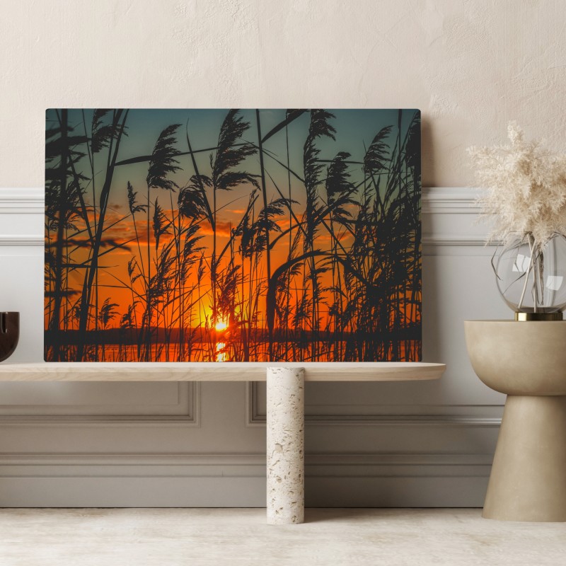 Leinwandbild sonnenuntergang am see mit schilf-silhouette – Wallnifity® Leinwandbild sonnenuntergang am see mit schilf-silhouette – Wallnifity®