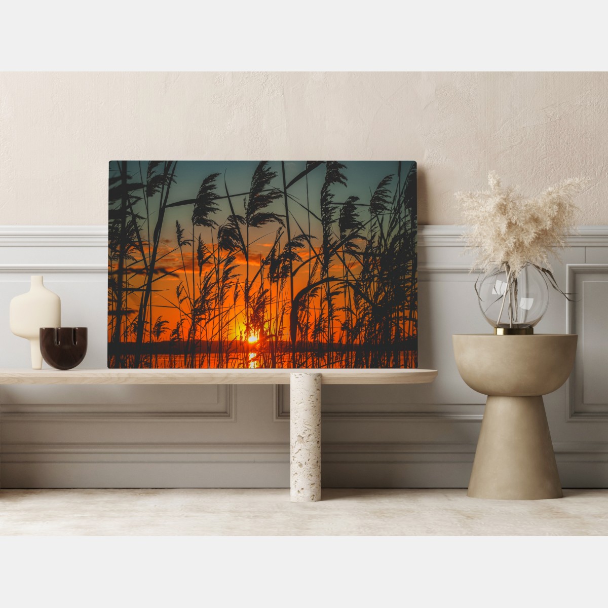 Leinwandbild sonnenuntergang am see mit schilf-silhouette – Wallnifity® Leinwandbild sonnenuntergang am see mit schilf-silhouette – Wallnifity®